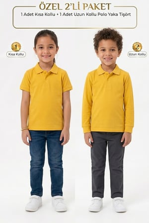 Unisex Çocuk Uzun ve Kısa Kollu Polo Yaka Okul Tişörtü 2'li Set