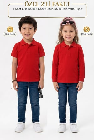 Unisex Çocuk Uzun ve Kısa Kollu Polo Yaka Okul Tişörtü 2'li Set