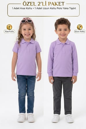 Unisex Çocuk Uzun ve Kısa Kollu Polo Yaka Okul Tişörtü 2'li Set