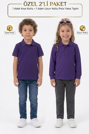 Unisex Çocuk Uzun ve Kısa Kollu Polo Yaka Okul Tişörtü 2'li Set