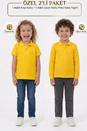 Unisex Çocuk Uzun ve Kısa Kollu Polo Yaka Okul Tişörtü 2'li Set
