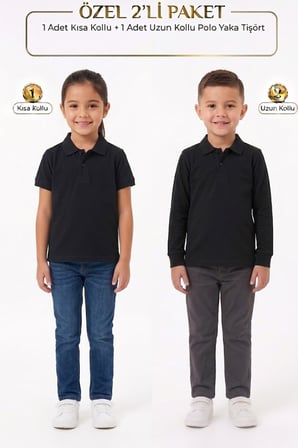 Unisex Çocuk Uzun ve Kısa Kollu Polo Yaka Okul Tişörtü 2'li Set