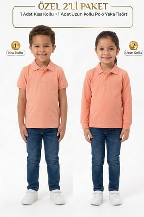 Unisex Çocuk Uzun ve Kısa Kollu Polo Yaka Okul Tişörtü 2'li Set