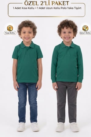Unisex Çocuk Uzun ve Kısa Kollu Polo Yaka Okul Tişörtü 2'li Set