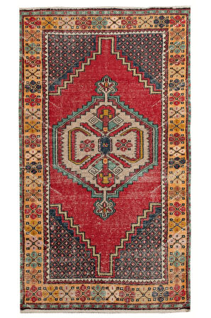 107x183 cm Canlı ve Sıcak Renklerde Eski El Dokuma Yünlü Halı, El Yapımı Halı
