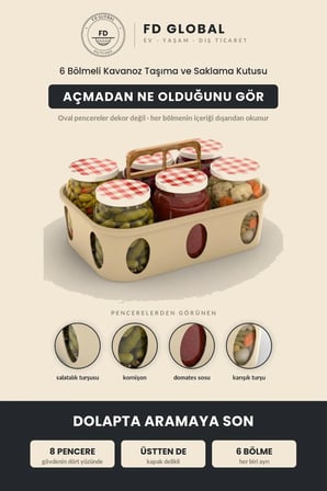 6 Bölmeli Kavanoz Taşıma ve Saklama Kutusu – Kulplu Mutfak Organizeri, Turşu Reçel Konserve Kavanozu Düzenleyici, İstiflenebilir Kiler ve Dolap İçi Kasa