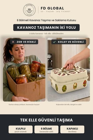6 Bölmeli Kavanoz Taşıma ve Saklama Kutusu – Kulplu Mutfak Organizeri, Turşu Reçel Konserve Kavanozu Düzenleyici, İstiflenebilir Kiler ve Dolap İçi Kasa