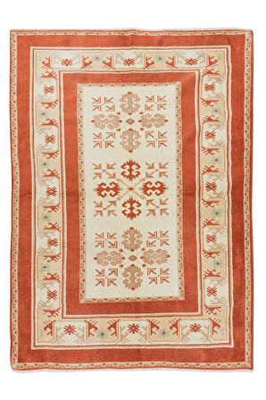 150x203 cm Kırmızı & Krem Renklerinde Modern El Dokuma Yünlü Halı, %100 Yün