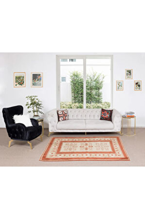 150x203 cm Kırmızı & Krem Renklerinde Modern El Dokuma Yünlü Halı, %100 Yün
