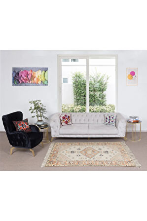 160x210 cm Geometrik Madalyon Desenli Otantik El Yapımı Anadolu Halısı, %100 Yün