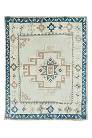 140x173 cm Geometrik Tasarımlı El Yapımı Eski Türk Halısı, Dekoratif Halı