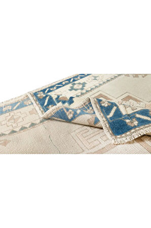 140x173 cm Geometrik Tasarımlı El Yapımı Eski Türk Halısı, Dekoratif Halı