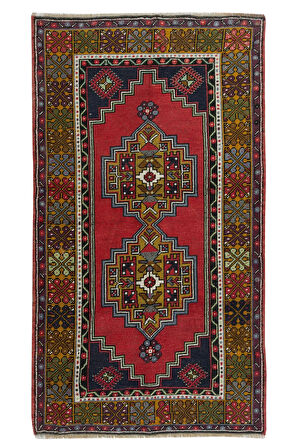 113x204 cm Eşsiz Eski Köy Halısı, Bohem Tarzında El Yapımı Tribal Halı