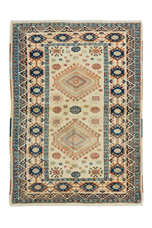 122x175 cm İki Geometrik Madalyon Desenli Eski El Yapımı Anadolu Halısı, %100 Yün