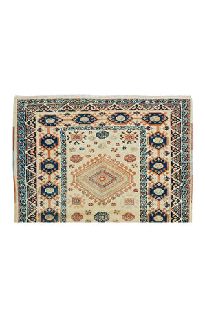 122x175 cm İki Geometrik Madalyon Desenli Eski El Yapımı Anadolu Halısı, %100 Yün