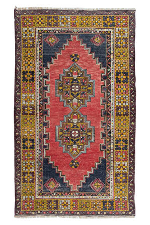 112x200 cm Türkiye'den Eski Halı, Kırmızı, Altın, Lacivert, Pembe ve Yeşil Renklerde Oryantal Halı