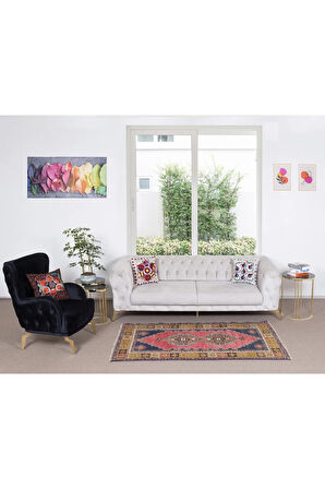 112x200 cm Türkiye'den Eski Halı, Kırmızı, Altın, Lacivert, Pembe ve Yeşil Renklerde Oryantal Halı