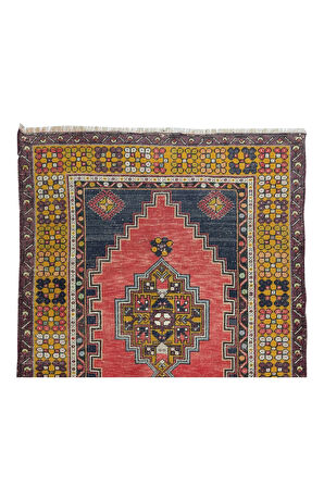 112x200 cm Türkiye'den Eski Halı, Kırmızı, Altın, Lacivert, Pembe ve Yeşil Renklerde Oryantal Halı