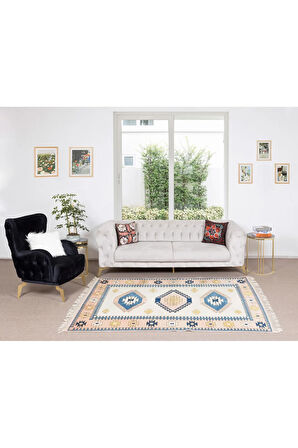 166x207 cm Türkiye'den Üçlü Madalyon Desenli Modern El Dokuması Halı, %100 Yün