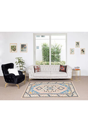 165x221 cm Çağdaş El Yapımı Geometrik Desenli Ofis ve Ev Dekoru Halı, %100 Yün