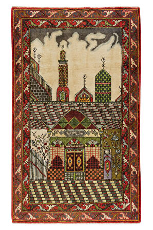 105x172 cm Benzersiz Eski El Yapımı Seccade, Cami Desenli Halı