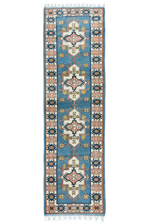 87x307 cm Modern El Düğümlü Koridor Halısı, Mavi Geometrik Desenli Koridor Halısı, %100 Yün