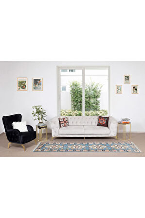 87x307 cm Modern El Düğümlü Koridor Halısı, Mavi Geometrik Desenli Koridor Halısı, %100 Yün