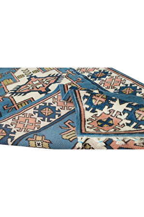 87x307 cm Modern El Düğümlü Koridor Halısı, Mavi Geometrik Desenli Koridor Halısı, %100 Yün