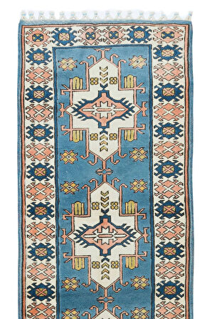 87x307 cm Modern El Düğümlü Koridor Halısı, Mavi Geometrik Desenli Koridor Halısı, %100 Yün