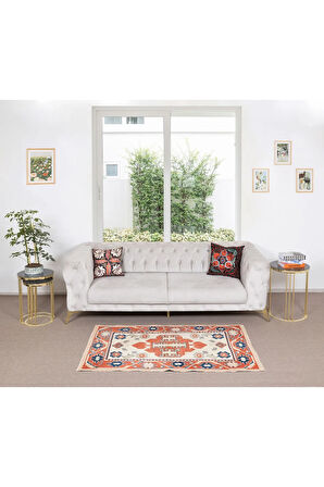 120x170 cm Krem, Kırmızı ve Mavi Renklerde %100 Yün El Düğümlü Geometrik Halı