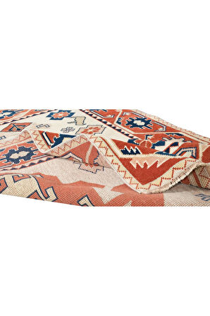 120x170 cm Krem, Kırmızı ve Mavi Renklerde %100 Yün El Düğümlü Geometrik Halı