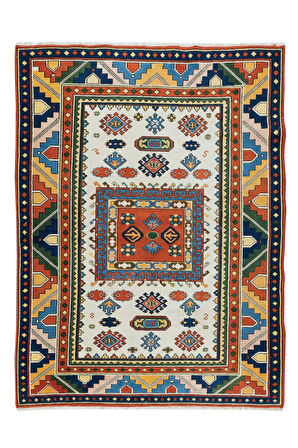 124x170 cm Çok Renkli El Dokuması Halısı, Çağdaş Geometrik Desenli Küçük Halı, %100 Yün