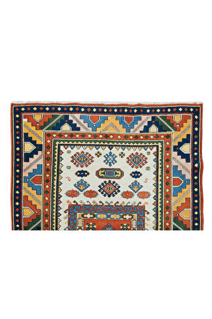124x170 cm Çok Renkli El Dokuması Halısı, Çağdaş Geometrik Desenli Küçük Halı, %100 Yün