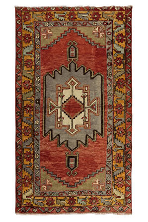 95x168 cm Geometrik Madalyonlu Eski El Düğümlü Halı, El Yapımı Halı