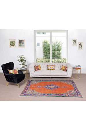 165x240 cm Yanık Turuncu, Mor, Mavi ve Yeşil Renkli Madalyon Desen El Yapımı Anadolu'dan Eski Halı