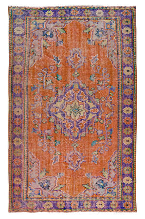 170x275 cm Yanık Turuncu, Mor, Mavi ve Yeşil Renkli Madalyon Desenli El Yapımı Eski Alan Halısı
