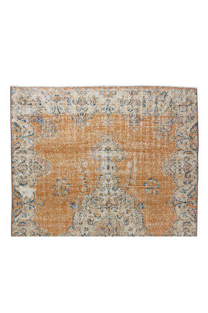 206x320 cm Madalyon Desenli El Düğümlü Halı, Turuncu, Lacivert ve Krem Renklerinde Eski Halı