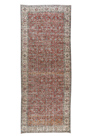 140x382 cm Çiçek Desenli Yünlü Yolluk Halı. Koridor Dekoru için Eski El Düğümlü Halı