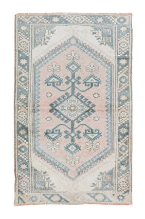 70x115 cm El Yapımı Geometrik Desenli Halı, Eski Geleneksel Soluk Renkli Küçük Halı
