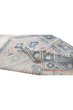 70x115 cm El Yapımı Geometrik Desenli Halı, Eski Geleneksel Soluk Renkli Küçük Halı