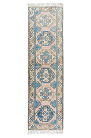 95x323 cm Koridor Dekoru için El Düğümlü Eski Yünlü Yolluk Halı, Geometrik Otantik Koridor Halısı