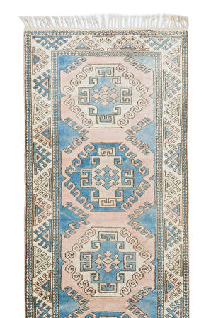 95x323 cm Koridor Dekoru için El Düğümlü Eski Yünlü Yolluk Halı, Geometrik Otantik Koridor Halısı