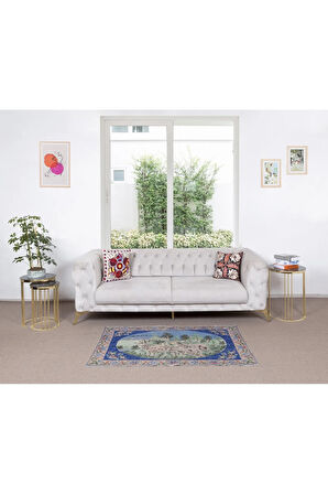 158x100 cm Geyik, Ağaç ve Çiçek Desenli Halı, El Düğümlü Eski Duvar Asıkısı, Dekoratif Halı