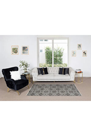 110x206 cm Eski El Yapımı Türk Deco Yün Halı, Çiçek Desenli Gri Halı