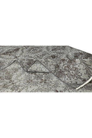 110x206 cm Eski El Yapımı Türk Deco Yün Halı, Çiçek Desenli Gri Halı