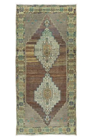 127x295 cm İki Geometrik Madalyonlu, Eşsiz Eski El Yapımı Yünlü Alan Halısı