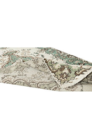 111x212 cm Bej ve Yeşil Renklerde Eski El Yapımı Anadolu Halısı, Madalyon Tasarımlı Halı