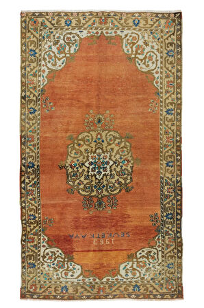 133x238 cm 1963 Yıllarından Oryantal Halı, Kırmızı, Kahverengi, Krem ve Mavi El Dokuma Alan Halısı