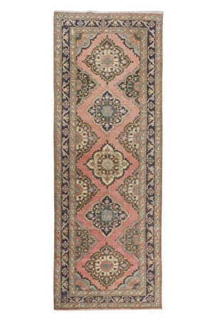 144x396 cm Geleneksel El Düğümlü Yünlü Yolluk Halı. Koridor için Eski Geometrik Desenli Halı