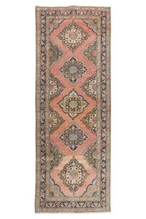 143x393 cm Geleneksel El Düğümlü Yünlü Yolluk Halı. Koridor için Eski Geometrik Desenli Halı